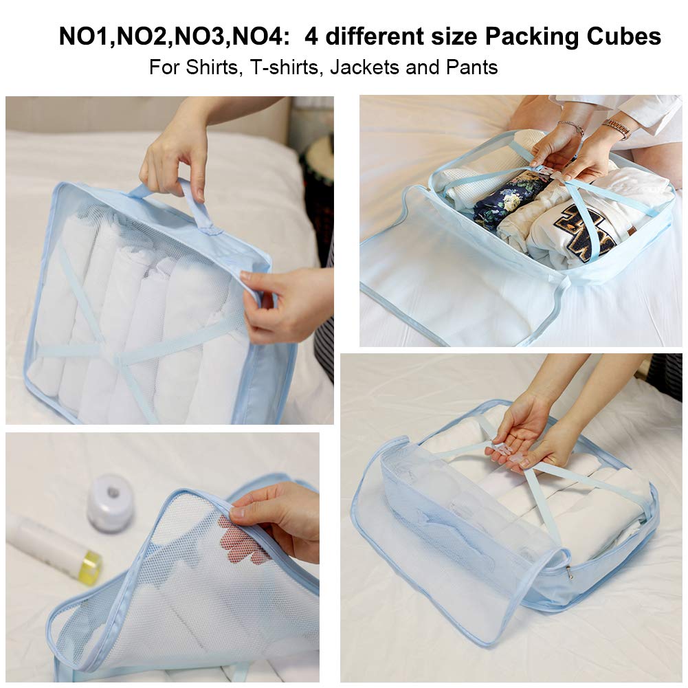 Travel Packing Cubes 8 Pcs Set, Luggage Packing Organizers with Shoe Bag and Toiletry Bag(Light Blue)