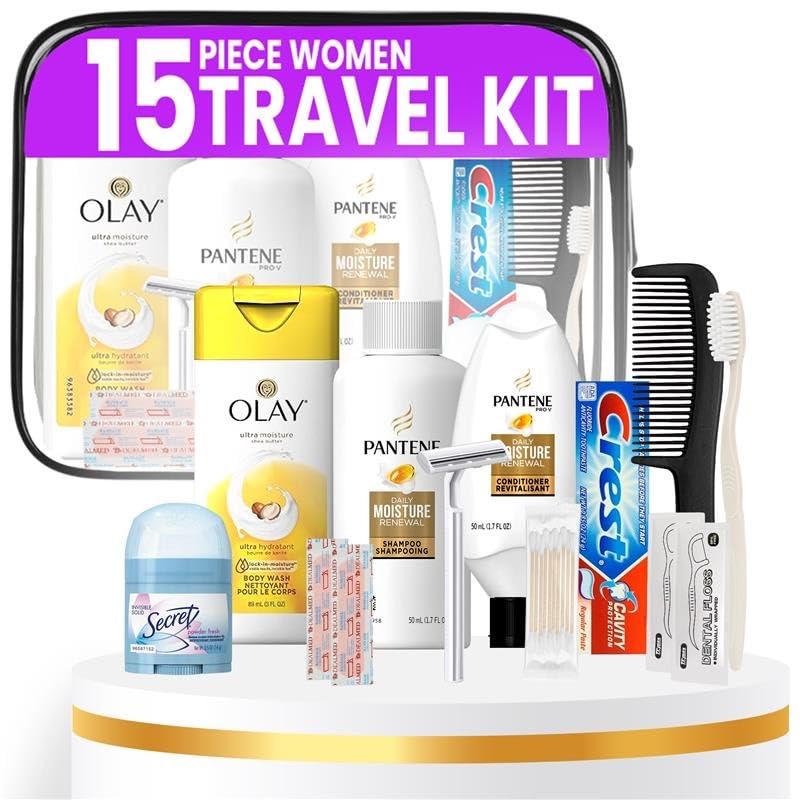 Trektote Travel Toiletry Kit For Women – 15 Piece Set of Premium Travel Size Toiletries, TSA Compliant Travel Essentials, Includes Shampoo And Conditioner, Body Wash, Toiletry Bag & More