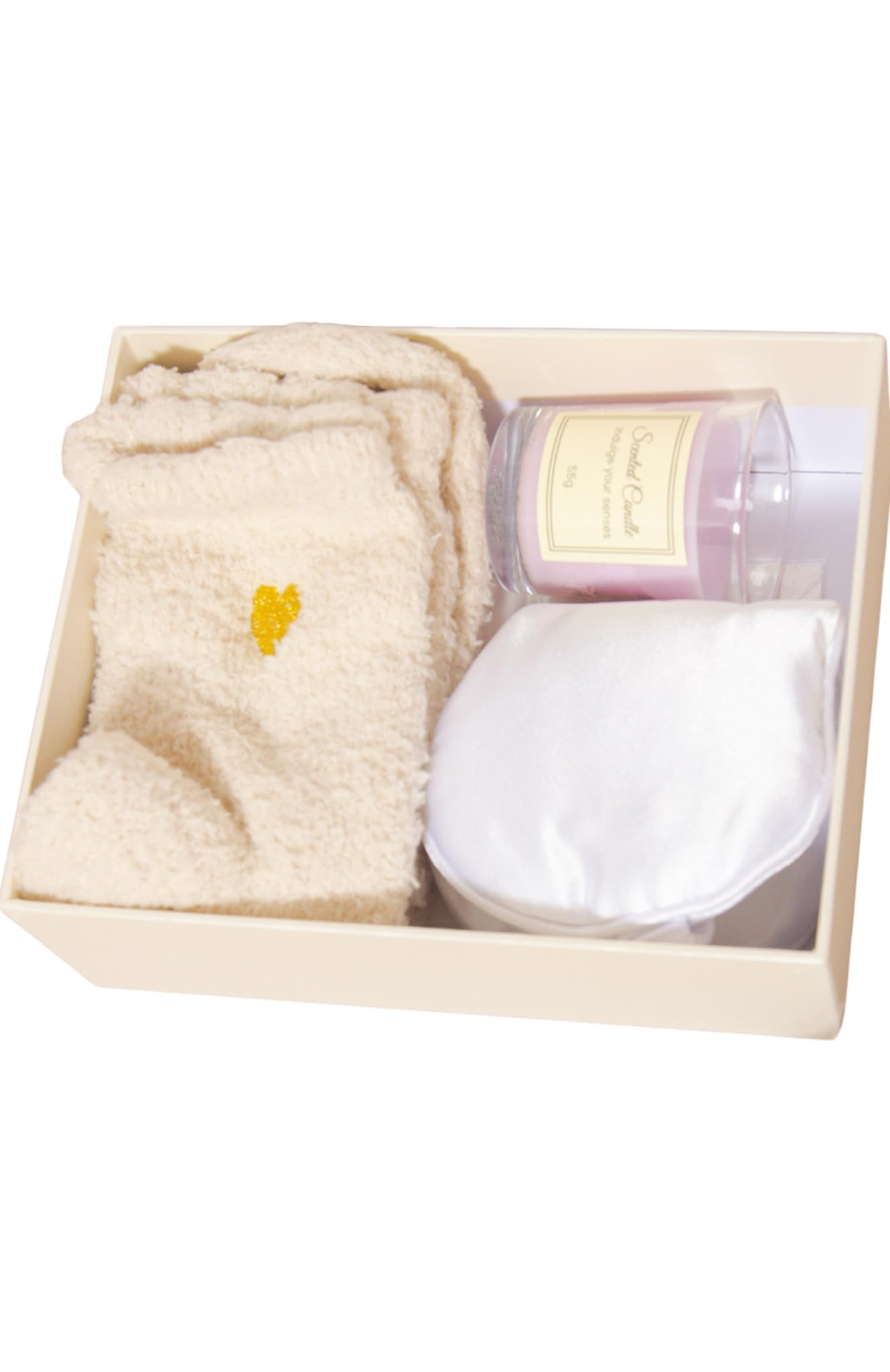 Spa Gift Set for Women – Relaxation Kit with Candle, Fuzzy Socks, Satin Eye Mask – Gift Box for Birthday, Thank You, Bridesmaid (Ivory White)