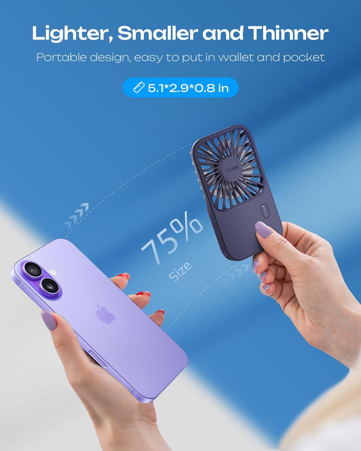 Otlonpe Rechargeable Mini Portable Handheld Fan, Small Personal Battery Powered Handheld Portable Fans for Hand Held Desktop Travel, Foldable Stand, Slim Cordless, Wrist Strap, 3-Speed (Blue)