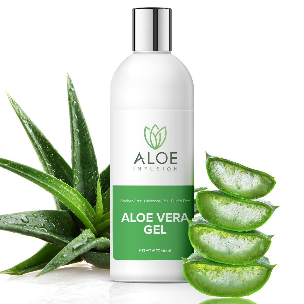 Aloe Infusion Organic Aloe Vera Gel - Deeply Hydrating, Skin Nourishing After Sun Skin Care for Face, Body and Hair - Sunburn, Redness and Itchy Skin Relief - USA-Tested - 16 Oz