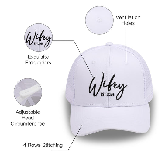 Hubby & Wifey EST 2025 Hats for Newlywed Couple -Embroidered Matching Hats for Women Men, Unique Gift for Wedding, Engagement, Bridal Shower White