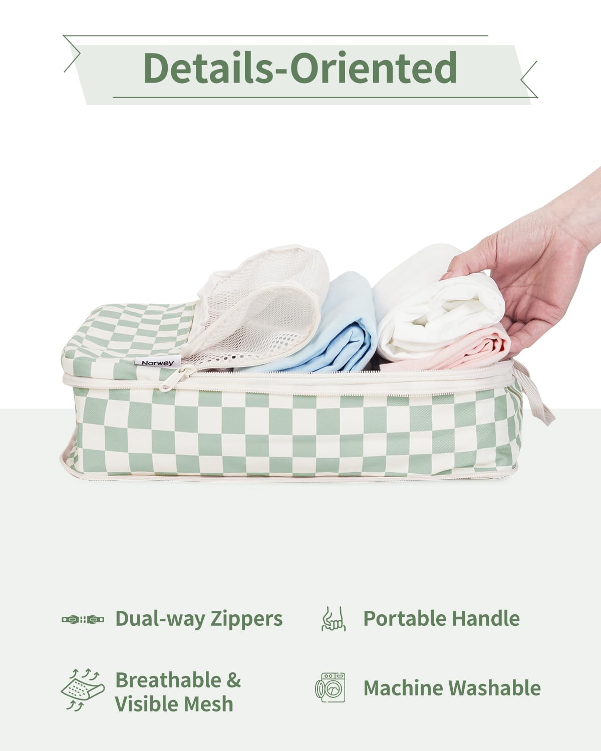 Narwey 6 Set Checkered Compression Packing Cubes for Travel Women Kids Carry on, Cute Packing Organizers Bag for Luggage Suitcase Backpack Duffle Bags (Mint Green Checkerboard)