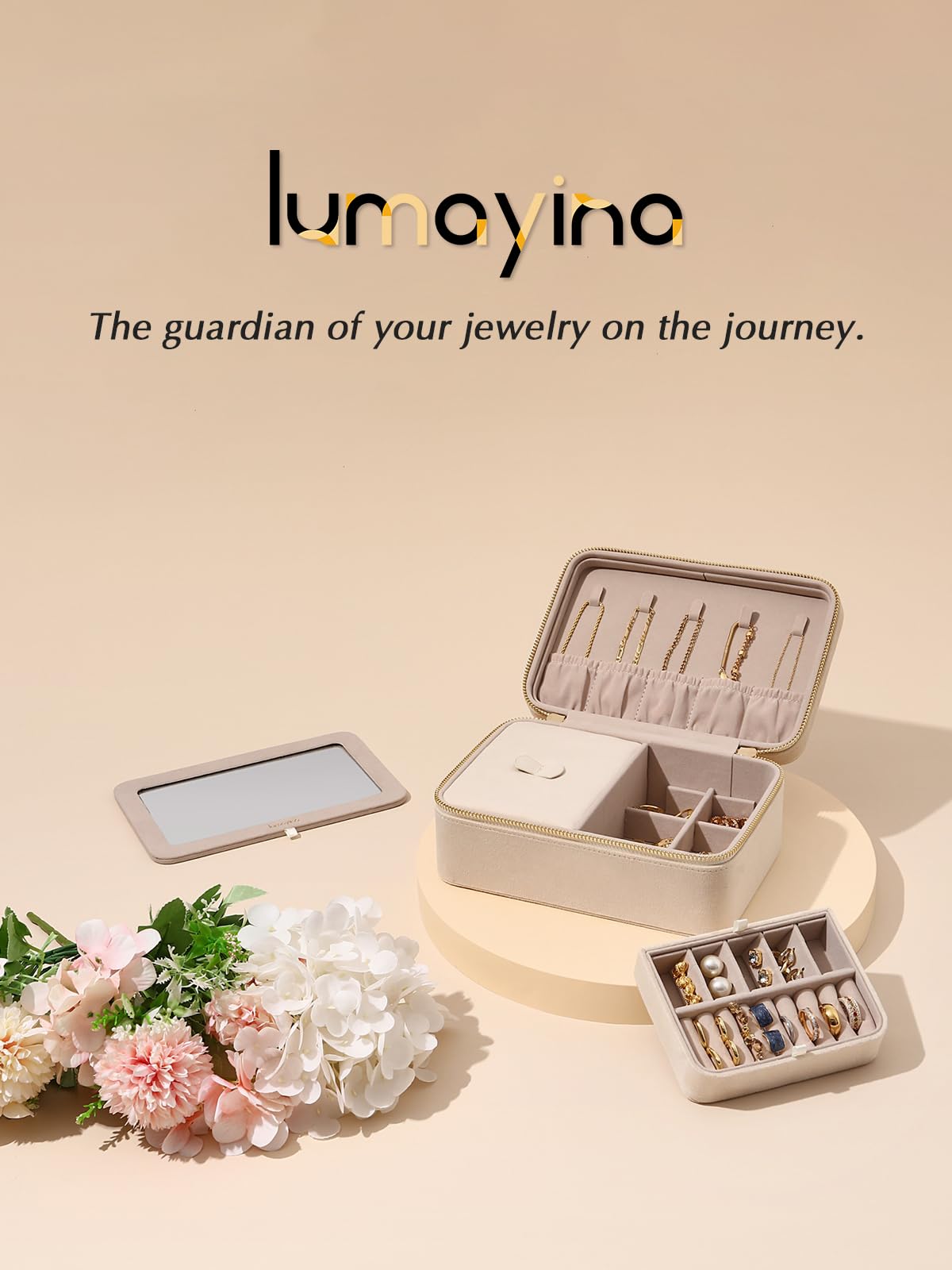 Lumayina Velvet Travel Jewelry Box with Large Mirror, Double-Layer Jewelry Organizer Case for Women and Girls, Portable Storage Case with 6 Anti-Tarnish Bags Gift Ready for Her (Beige)