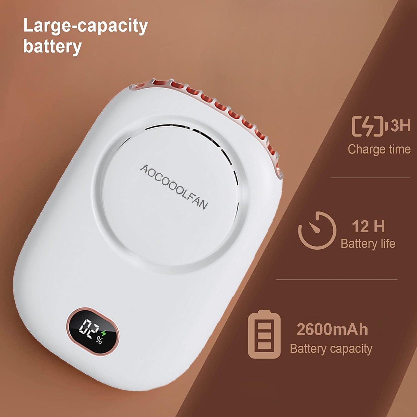 AOCOOLFAN Portable Neck Fan, Mini Small Personal Handheld Fan USB Rechargeable 3 Speed for Girls Boys Woman Eyelash Travel Home Office Outdoor (White)