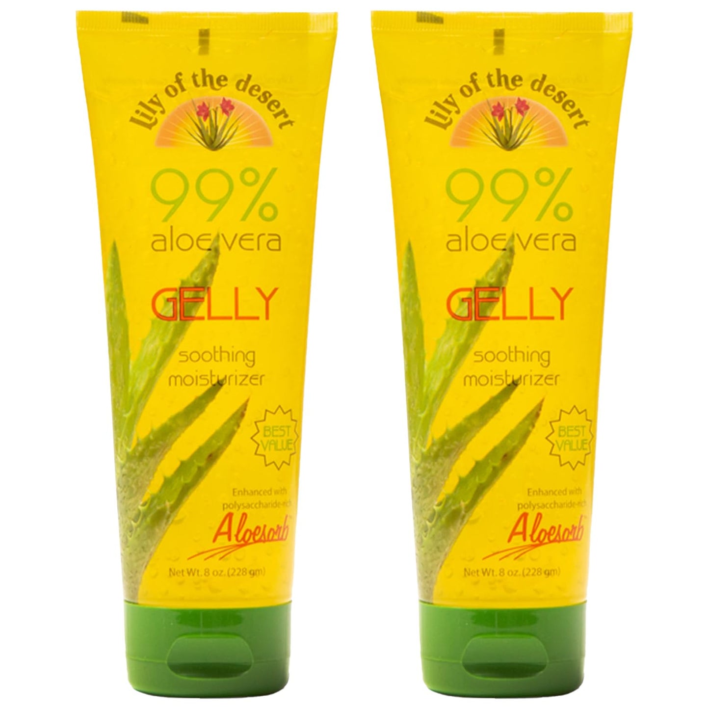 Lily Of The Desert Gelly Moisturizer - 99% Organic Aloe Vera Gel for Skin, After Sun Care with Aloe, Vitamin E Oil, and Vitamin C for Sunburn Relief, 8 Fl Oz (Pack of 2)