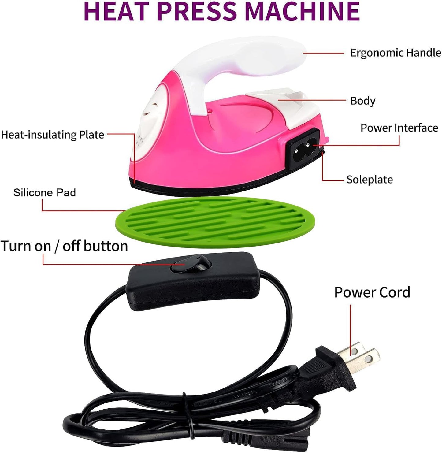 Mini Heat Press Iron Machine - Portable Electric Iron for Clothes, Shoes, Bags, Hats - Heating Transfer Press With Silicone Pad (Rose Red)