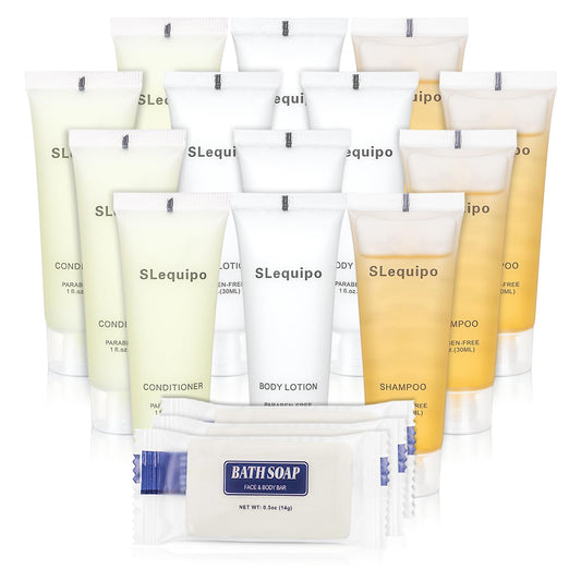 SLequipo 4-IN-1 Hotel Toiletries Bulk Set (100PCS) 4-Piece Set: 25 Hotel Bar Soap 0.5oz, 25 Hotel Shampoo, 25 Conditioner Travel Size, 25 Hotel Body Lotion - Bulk Mini Guest Amenities