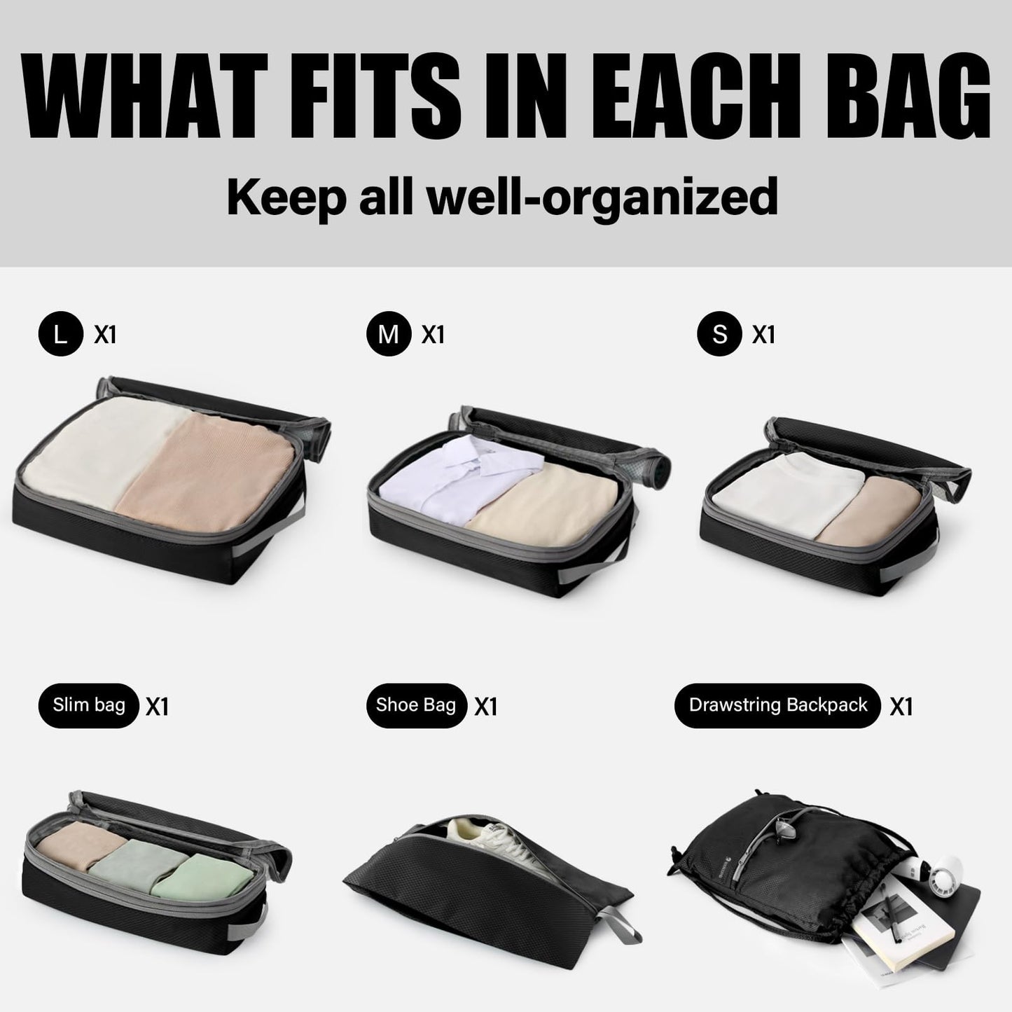 Kookoomia 6 Set Compression Packing Cubes for Travel, Lightweight and Space-Saving Luggage Organizer Bags, Sturdy Travel Essentials for Suitcase, Black