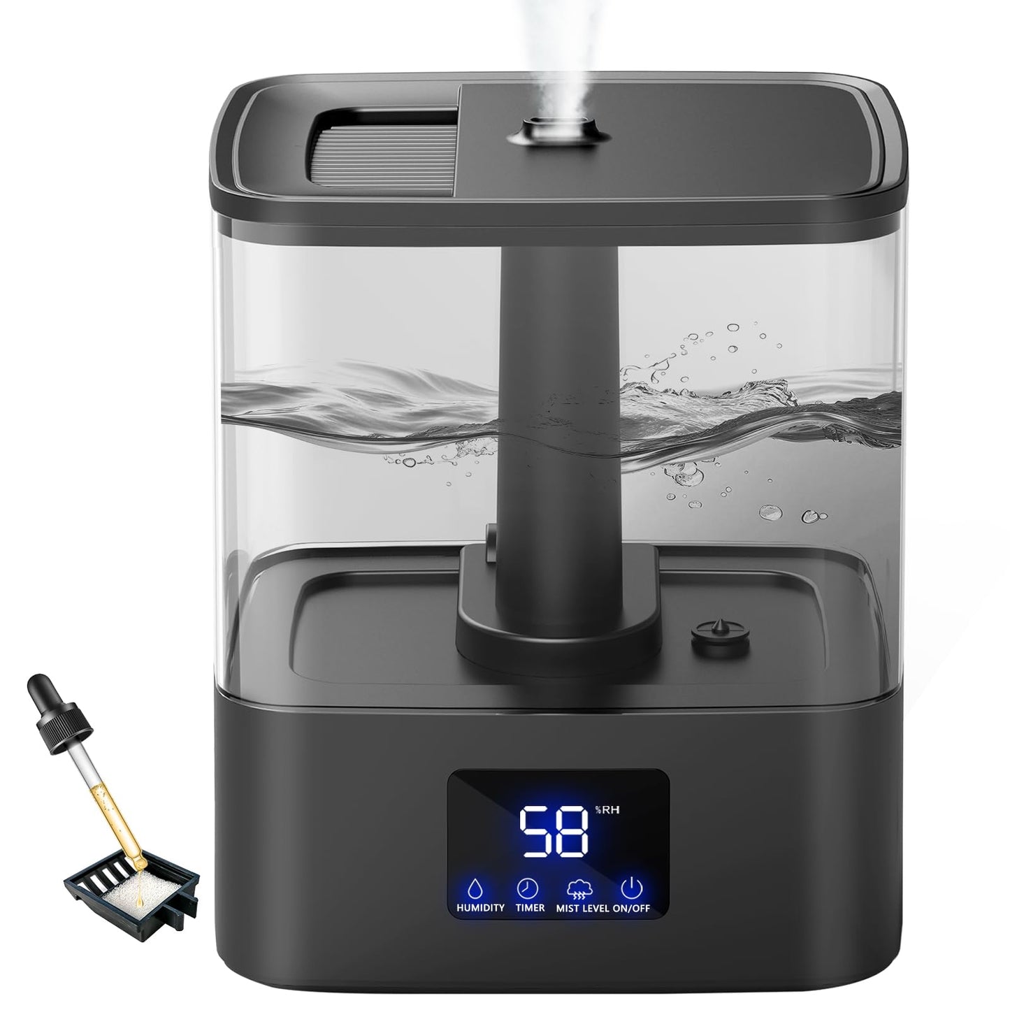 KZF 4L Top Fill Humidifiers for Bedroom & 60H Runtime - Cool Mist Humidifier, 3 Mist Levels, 8H Timer, Essential Oil Tray, Humidity Display, Quiet for Bedroom, Baby, Plants, Large Room