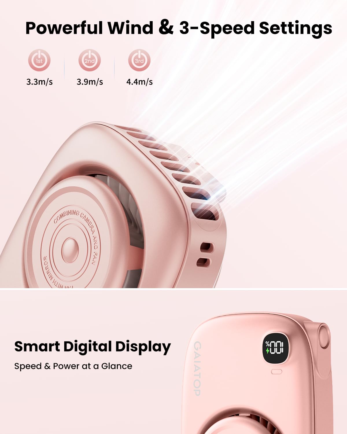 Gaiatop Mini Neck Fan, Rechargeable Handheld Desk Use, LED Power Display 3 Speed 360°Rotate Mirror for Lash Makeup, Cute Camera Design Small Portable USB Fans Personal Cooling Travel Essentials