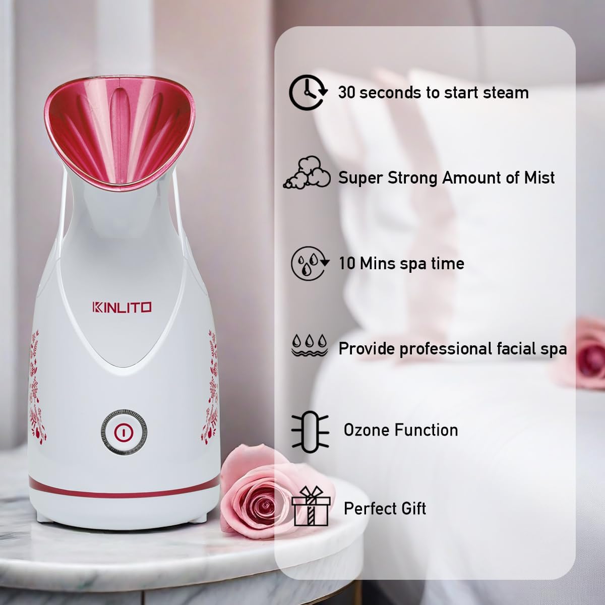KINLITO Facial Steamer Ionic Face Steamer for Home Facial, Warm Mist Portable Facial Steamer for Deep Cleaning Unclog Pores with Blackhead Remover, Aromatherapy Kit for Personal Home SPA (Rose Red)
