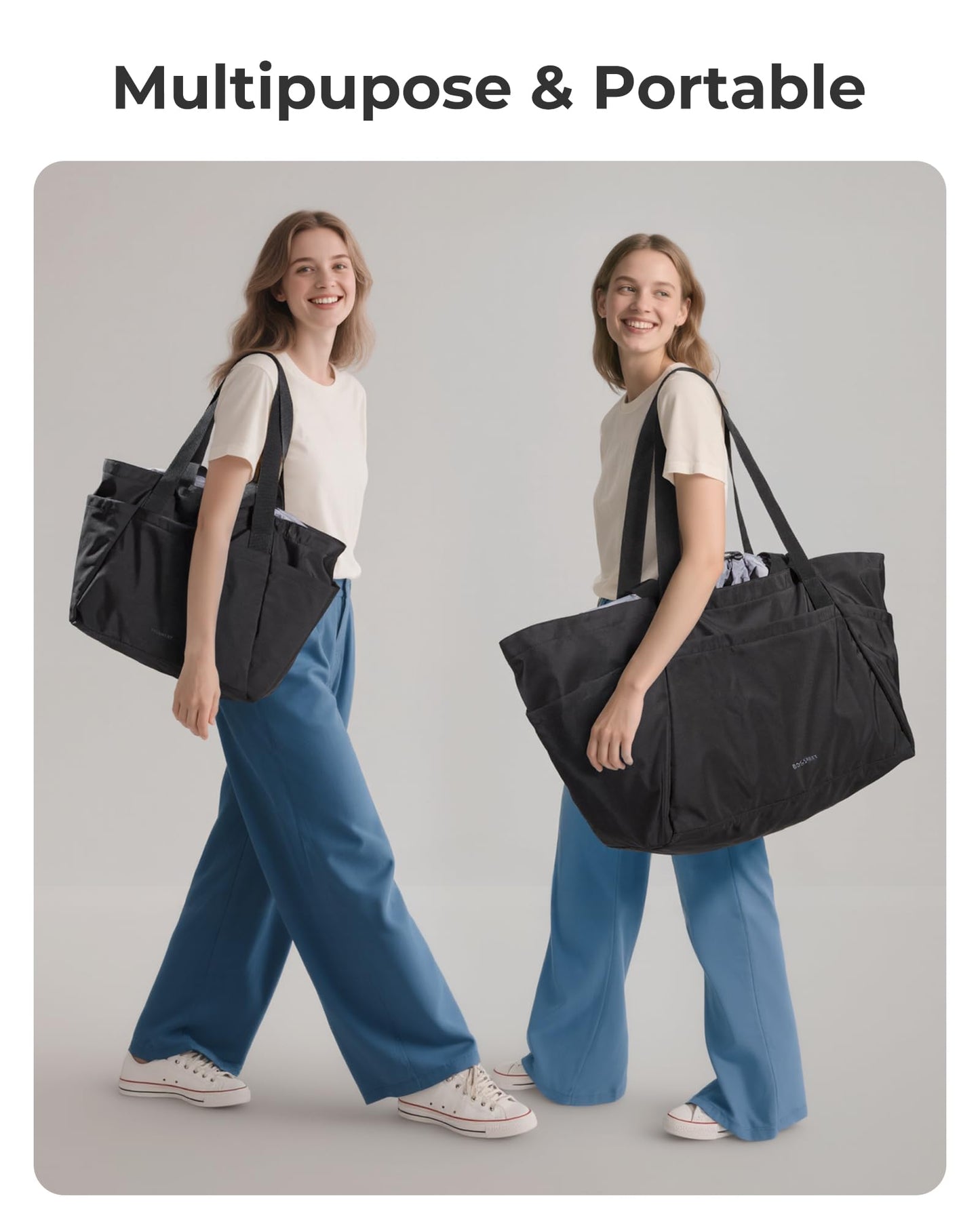 BAGSMART Large Tote Bag for Women, 32L Expandable Reusable Grocery Bag, Foldable Handbag for Shopping Gym College Overnight, Black