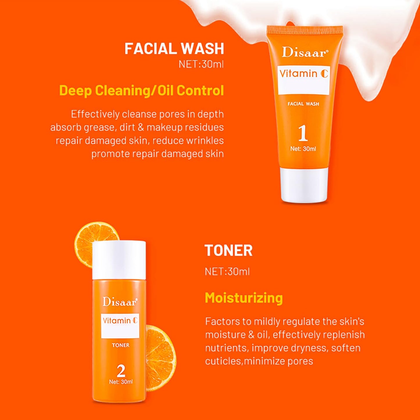DISAAR BEAUTY Vitamin C Organic Orange Extract Skin Care Set Facial Wash Toner Serum Face Cream Moisturizing Reduce Wrinkles Hydrate 30ml+30ml+10ml+15g 4PCS