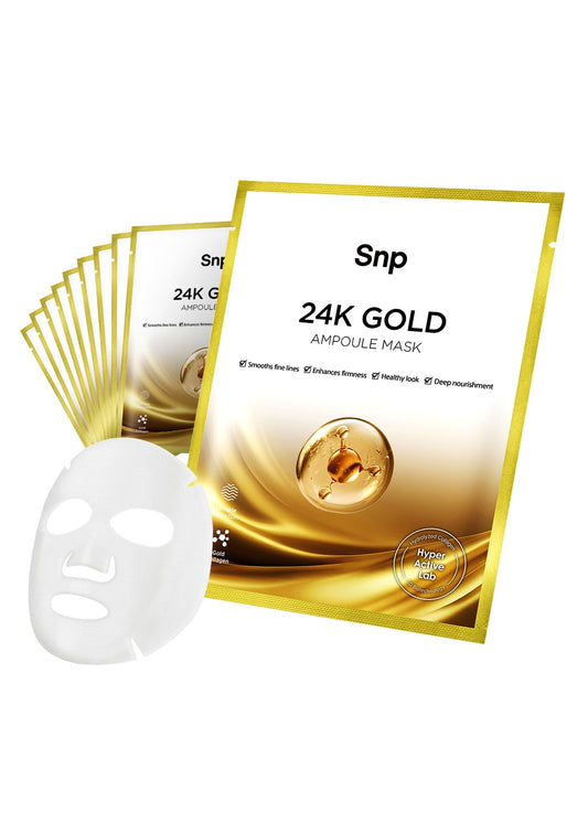 SNP 1000mg Collagen + 24K Gold Ampoule Sheet Mask | Collagen Face Masks Skincare | Tightening, Hydrating, and Nourishing | Korean Skin Care | Overnight Face Masks | Moisturizing Face Mask | 10 Sheets