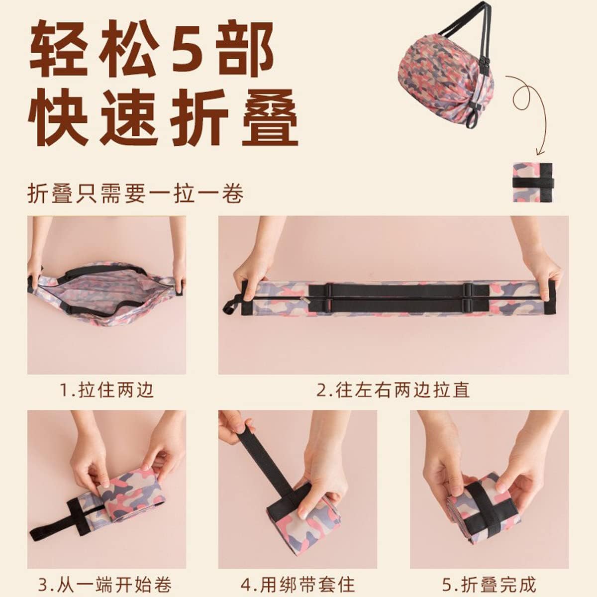 Lllunimon Foldable Reusable Grocery Tote Bags Organ Style Fold Iridescent Large Capacity Portable Shopping Bag - Navy & Pink