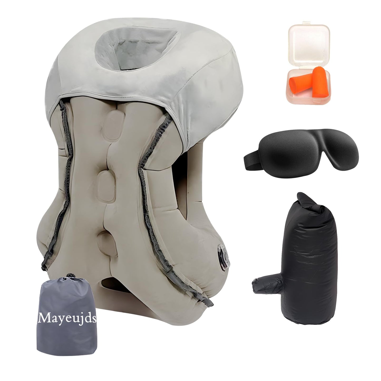 Inflatable Travel Pillow | Airplane Neck Pillow & Portable Inflatable Neck Support - Multifunctional for Flights, Cars, Office Use, with Eye Mask & Earplugs (Grey)
