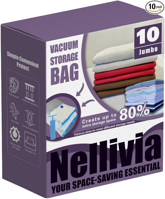 10 XL Jumbo Vacuum Storage Bags with Pump, Extra Large Compression Space Saver for Comforter, Duvet, Bedding, Blanket Storage, Vacuum Seal Bags for Clothing, Luggage Closet Organizer