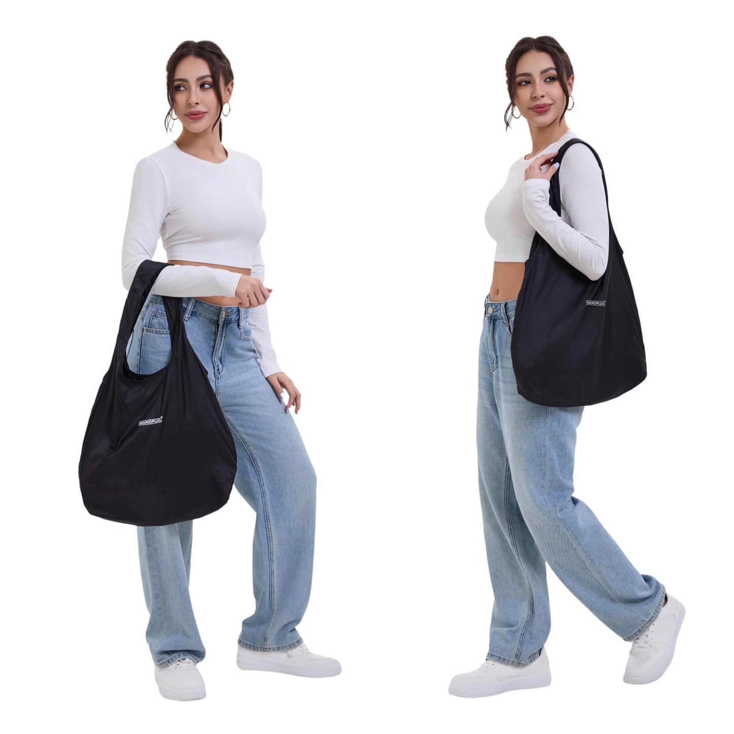 NANOPLUS Compact Reusable Grocery 30L Tote Bag – Lightweight, Foldable & Packable Shopping Bag for Travel, Daily Errands, and Outdoor Use – Collapsible, Washable (Black)