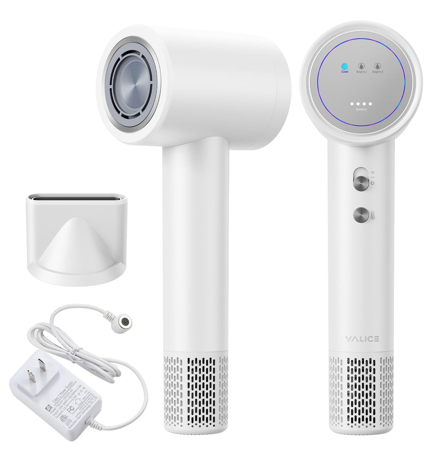 YALICE Cordless Hair Dryer Rechargeable with Digital Screen, 15000mAh Travel Hair Dryer with Magnetic Nozzle, 4 Mode Portable Hair Blow Dryers for Women Kids Outdoor Camping Beaches (White)