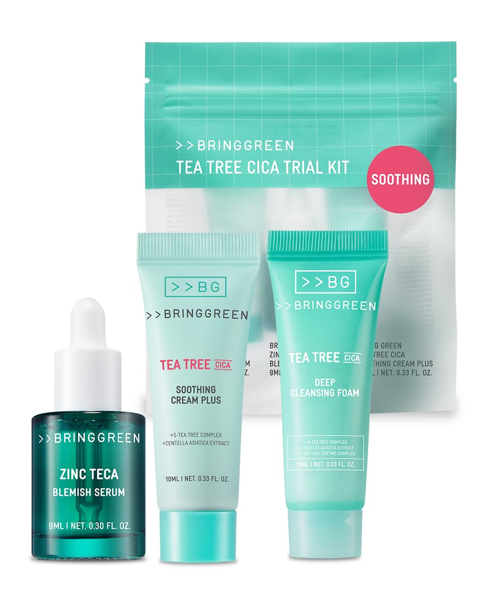 BRING GREEN TEA TREE CICA TRIAL KIT | Travel Size Korean Skin Care Set for Acne-Prone, Sensitive Skin | Zinc Teca Serum, Tea Tree Cica Moisturizer & Deep Cleansing Foam | Hydrating & Oil Control