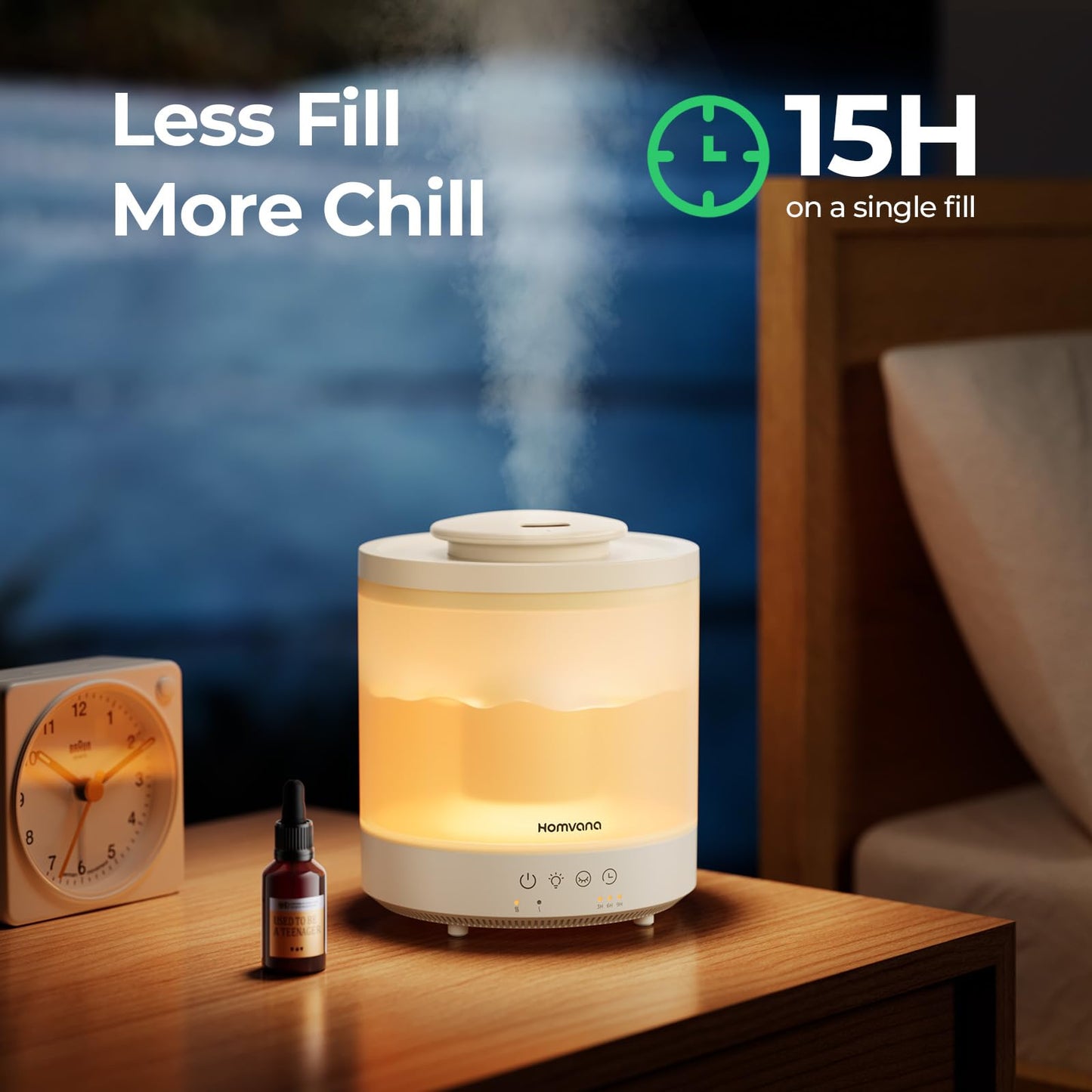 Homvana Small Humidifiers for Bedroom - 2 Packs 1.8L Cool Mist Top Fill Humidifier for Baby Nursery, Essential Oil Diffuser, 3 in 1 for Home Plants Offices and Grow Tents, 7 Color Lights, Ultrasonic