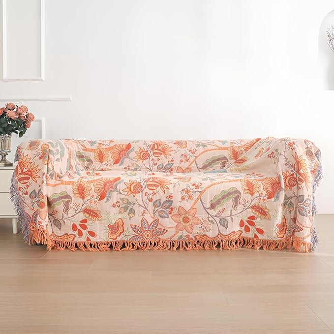 Boho Throw Blankets for Bed Couch, 100% Soft Cozy Cotton Rustic Quilt 80"x90",Lightweight Reversible Muslin Farmhouse Decor Fall Throw Blankets for Armchair,Picnic,Sofa,Couch Best Gifts