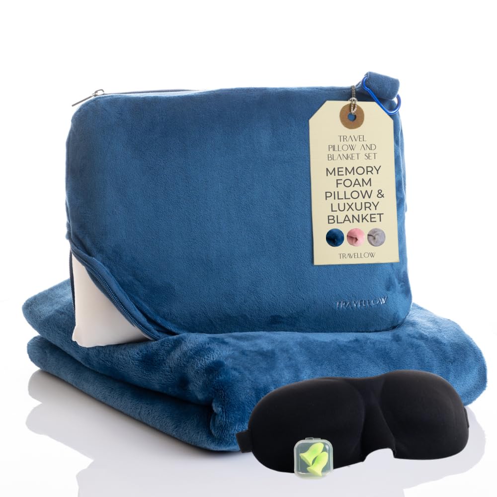 Travellow Travel Pillow and Blanket Set - 4-in-1 Ultimate Travel Kit with Memory Foam Pillow, Travel Blanket, Sleep Mask, and Earplugs-Ultimate Comfort and Coziness for Your Journeys - Blue