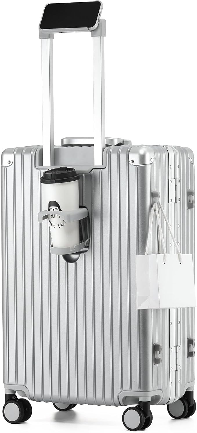24 Inch Zipperless Checked Travel Luggage with Spinner Wheels,ABS+PC Hard Shell Suitcase with TSA Approved USB Port,Cup & Phone Holder for Women Men,Silver