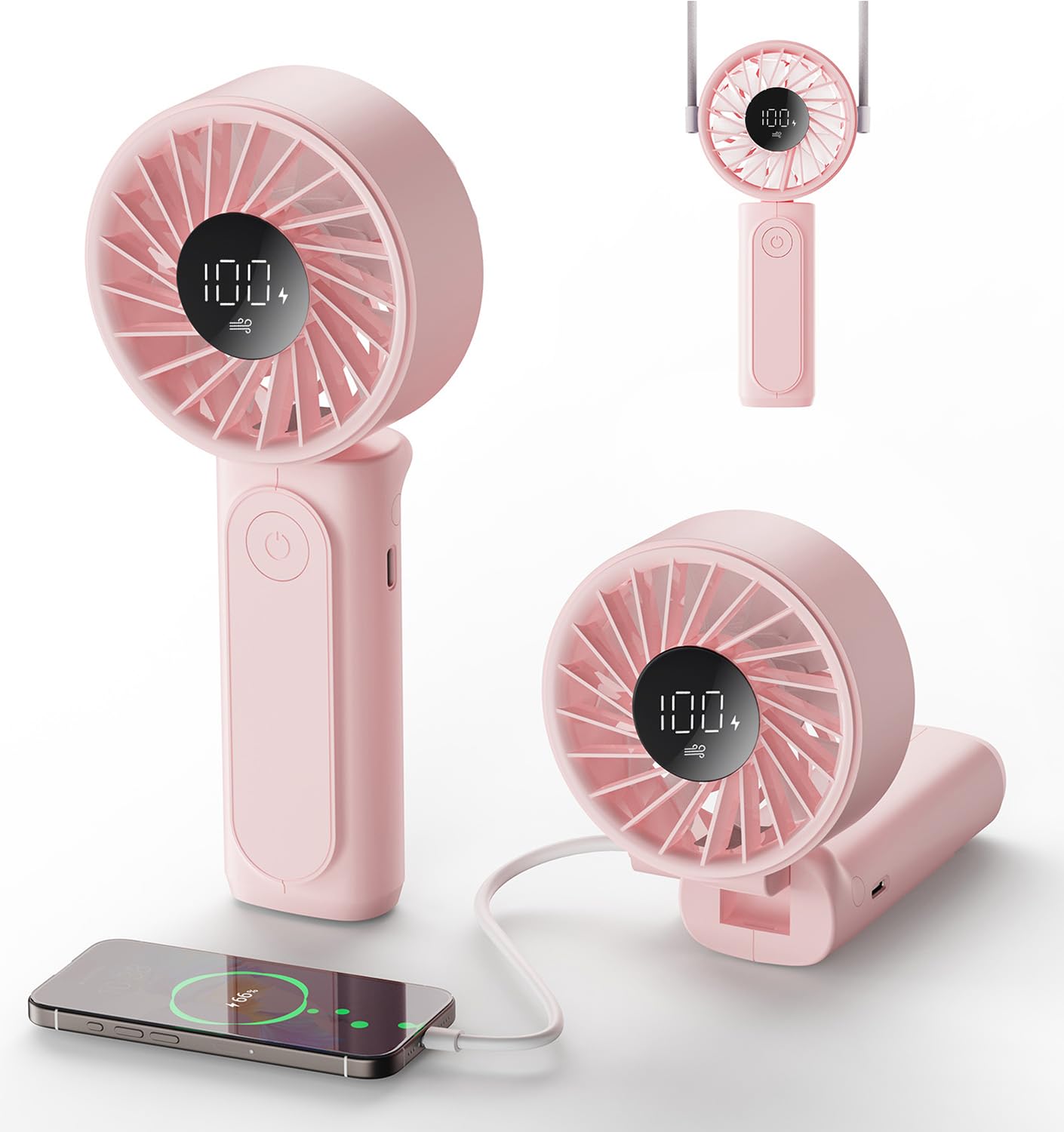 Handheld Portable Fan, 4000mAh USB Rechargeable Personal Fan, 180° Foldable Mini Desk Fan with 6 Wind Speed, LCD Digital Display, Lanyard as Neck Fan, Ultra Quiet