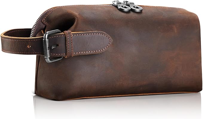 100% Genuine Leather Toiletry Bag for Men - Premium Handmade Crazy Horse Grain Leather - Best Gift for Men- Travel Toiletry Organizer - Shaving Bag for Toiletry Hanging Dopp Kit for Father Husband