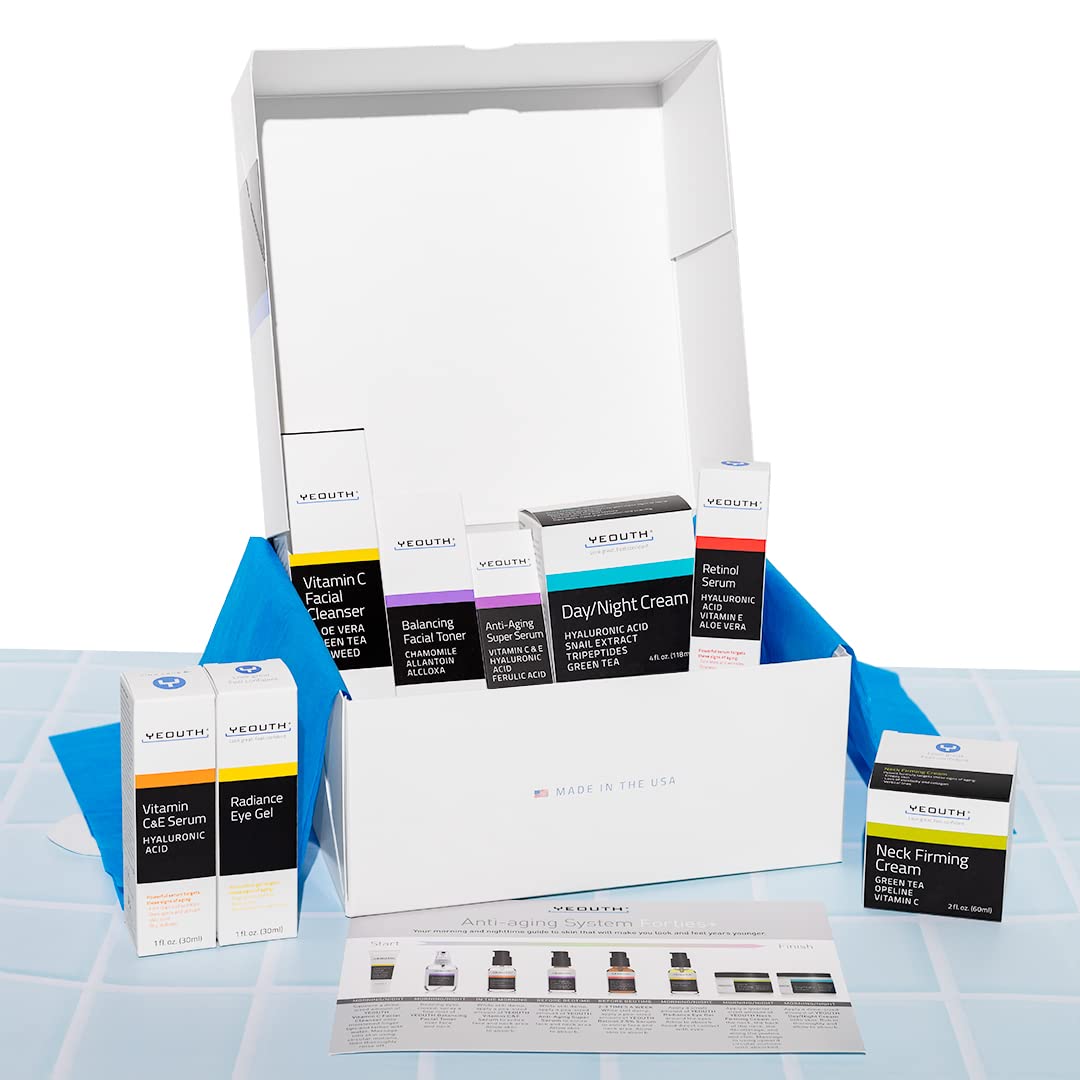 YEOUTH Skin Care Set: Retinol Serum with Hyaluronic Acid, Vitamin C & Super Face Serum, Cleanser, Toner, Eye Gel, Neck Cream, Face Cream 8-Piece Skincare Kit For Women