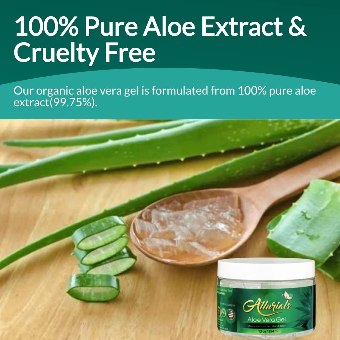 Allurials 99.75% Pure & Organic Aloe Vera Gel - Made in USA, Clinically tested & Dermatologist approved, Hydrates & Heals Dry & Damaged Skin & Hair- 12 Oz