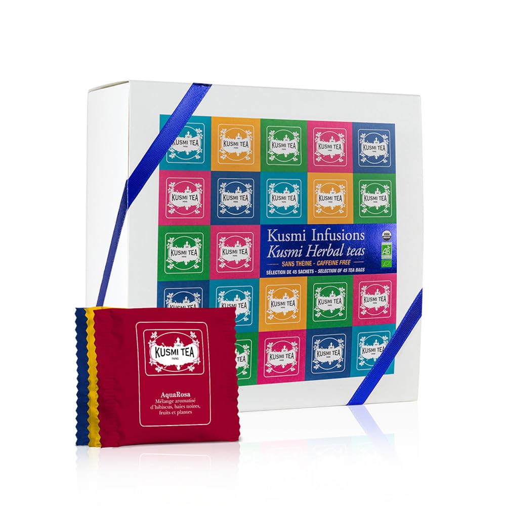 Kusmi Tea - Organic Herbal Tea Gift Set - Sampler Assortment Variety Box - Gift Idea for Men and Women - Caffeine-Free Teas - Hibiscus Tea, Chamomile Tea, Rooibos - 9 Recipes - 45 Tea Bags