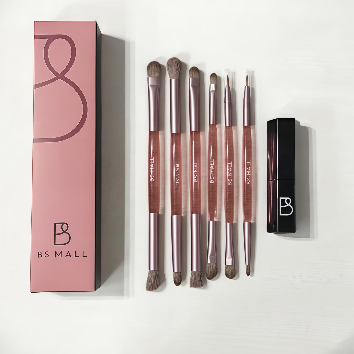 BS-MALL 6 Pcs Double-ended makeup brush set with Silicone Lip brush - eyeshadow Brush, concealer Brush, blush brush for Even application, Multi-purpose Portable makeup brushes for Daily Use (Pink)