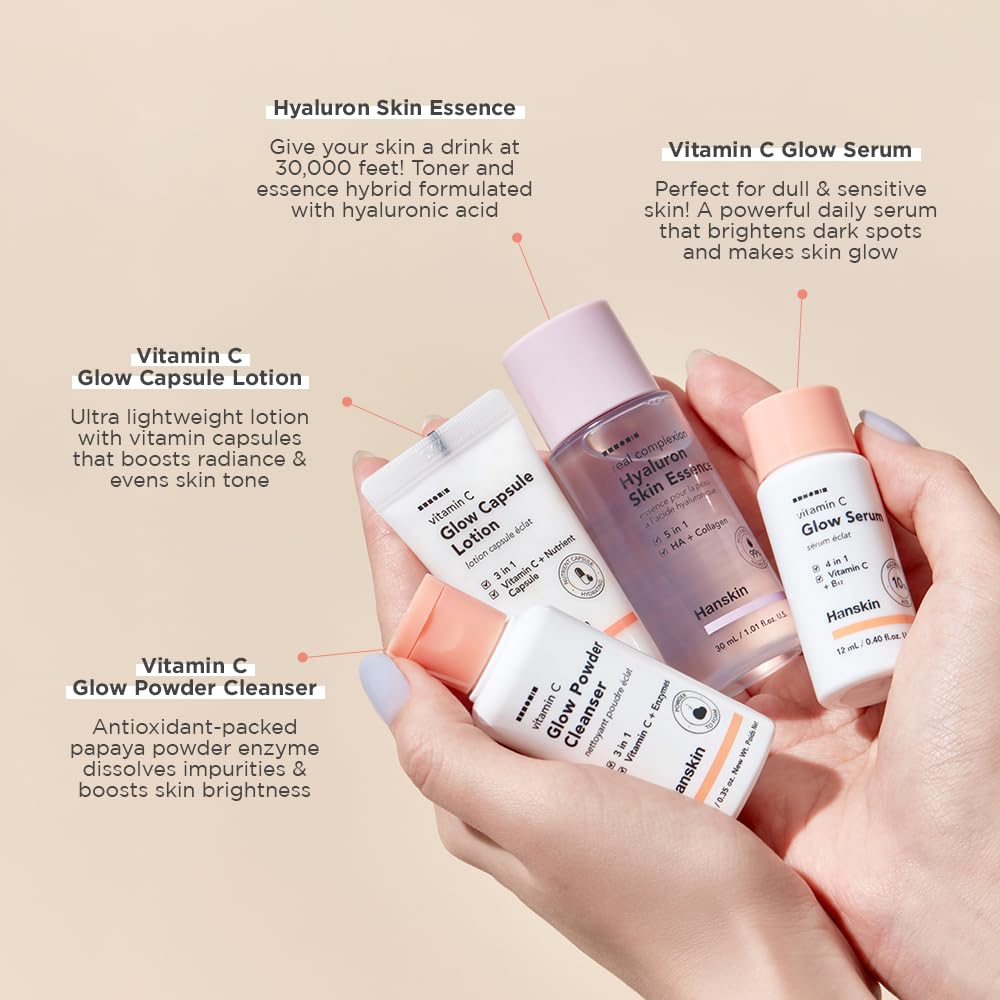 Hanskin Glow Skin on the Go Kit– Brightening & Hydrating Travel Kit with Cleanser, Essence, Serum & Lotion – Korean Skincare for Glowing, Radiant Skin – Moisturizing Face Care Vitamin C Gift Set