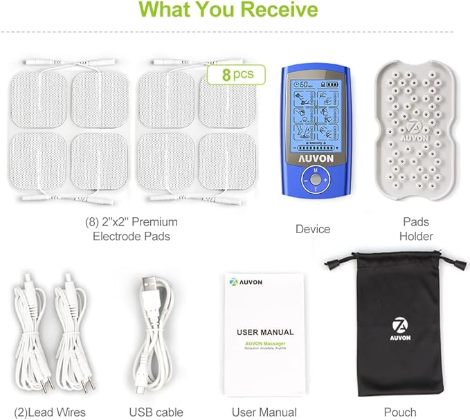 AUVON Rechargeable TENS Unit Muscle Stimulator, 24 Modes 4th Gen TENS Machine with 8pcs 2"x2" Premium Electrode Pads for Pain Relief