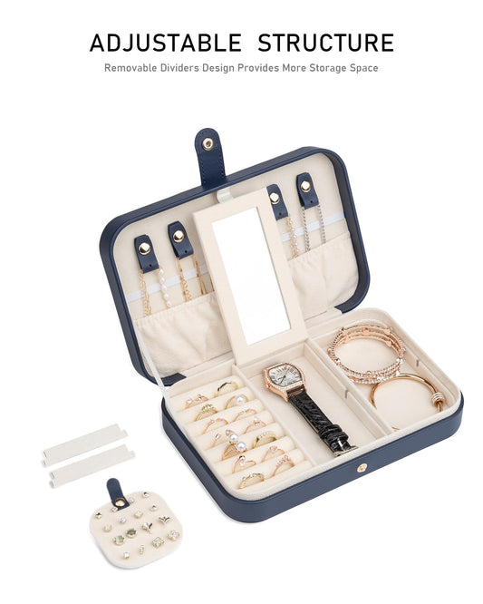 V-LAFUY Travel Jewelry Case, Jewelry Box Small PU Leather Portable, Jewelry Travel Case for Rings Earrings Necklaces Bracelets Watch, Navy A