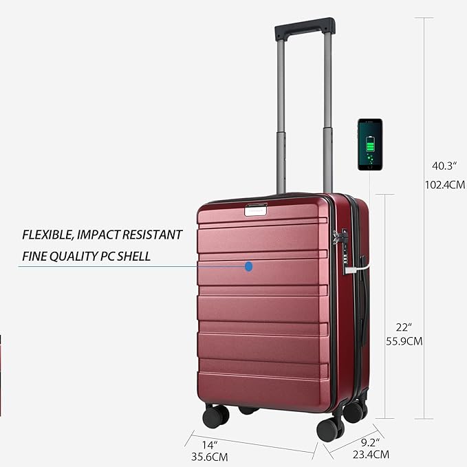 KROSER Carry On Luggage with Spinner Wheels & Built-in TSA Lock, Expandable Top Loading Hard Shell Suitcase Large Capacity Durable Rolling Luggage with USB Port, Carry-On 20-Inch, Burgundy