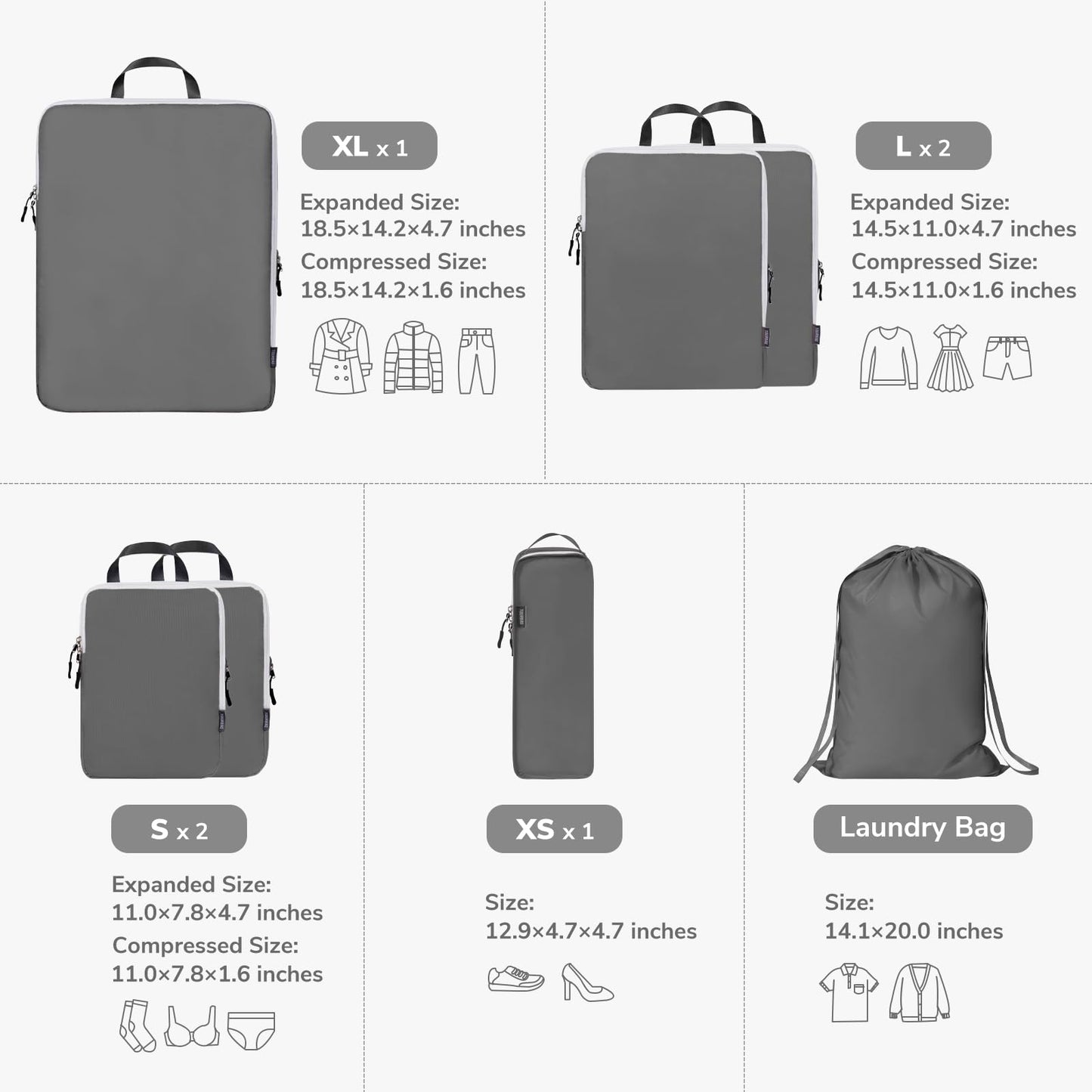 CherryNow Compression Packing Cubes, 7 Set Packing Cubes Compression, Travel Essentials, Travel Organizer for Shoes, Clothing, Grey