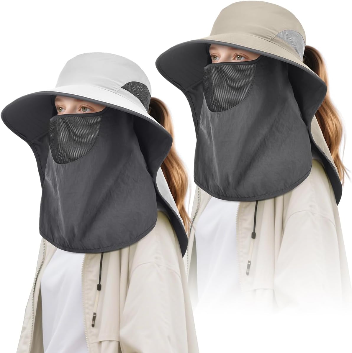 2 Pack Womens Outdoor Wide Brim Sun Hat with Neck Face Flap,UPF 50 Protection Fishing Hiking Garden Work Hats with Ponytail (US, Alpha, One Size, Light Grey & Khaki)