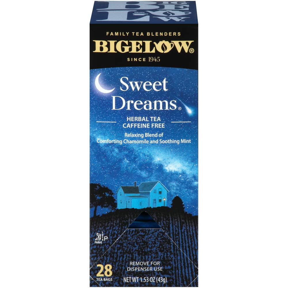 Bigelow Sweet Dreams Herbal Tea 28-Count Box (Pack of 1) Relaxing Blend of Chamomile & Mint Caffeine-Free Nighttime Herbal Tea in Individual Foil-Wrapped Bags