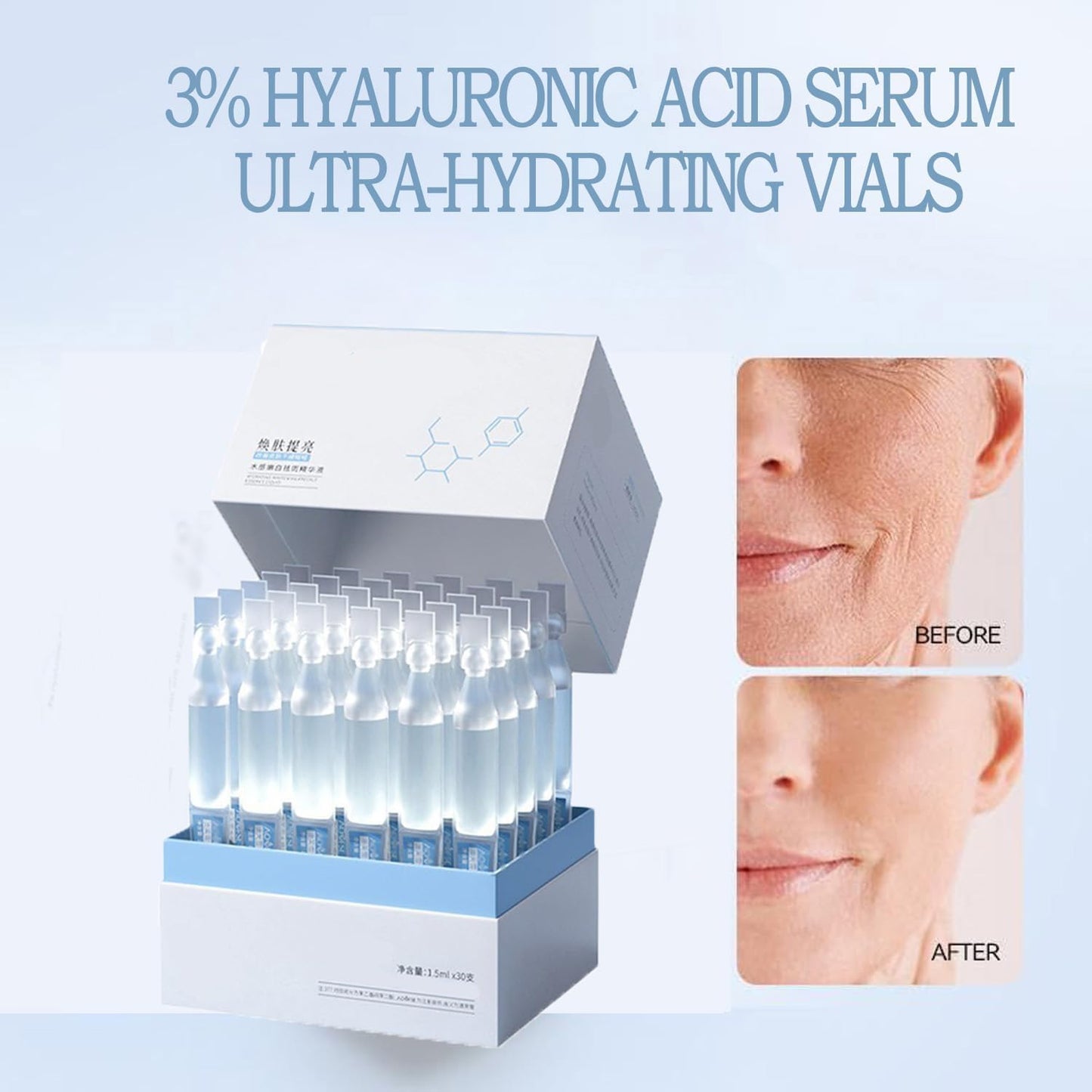 30pcs 3% Hyaluronic Acid Serum Ultra-Hydrating Vials, Hyaluronic Acid Tubes 3%, 3% Hyaluronic Acid Serum for Face,3% hyaluronic acid serum,wake nature perfection hyaluronic acid