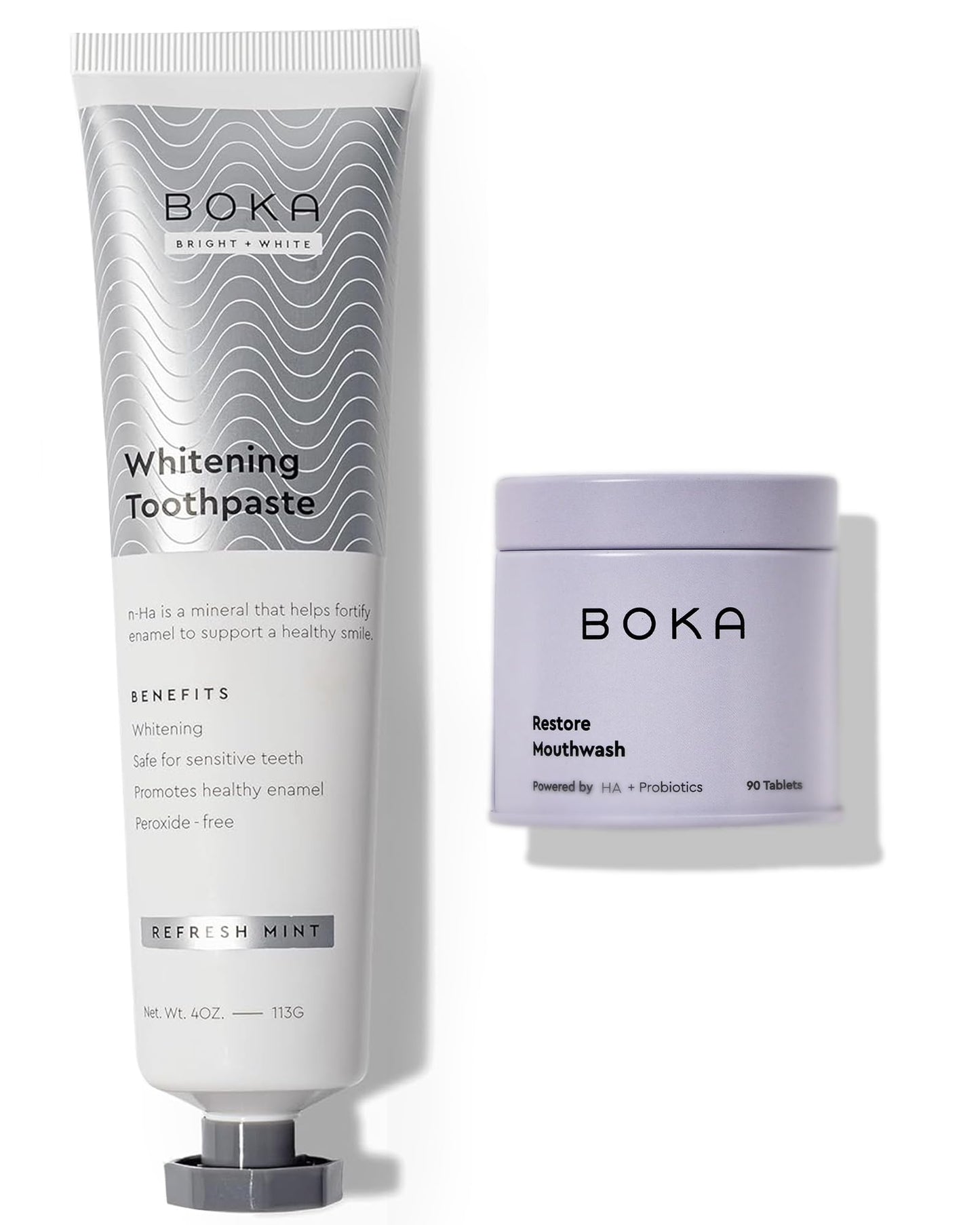 Boka Fluoride Free Toothpaste Whitening* Refresh Mint 4oz and Travel Size Mouthwash Tablets Mint 90ct