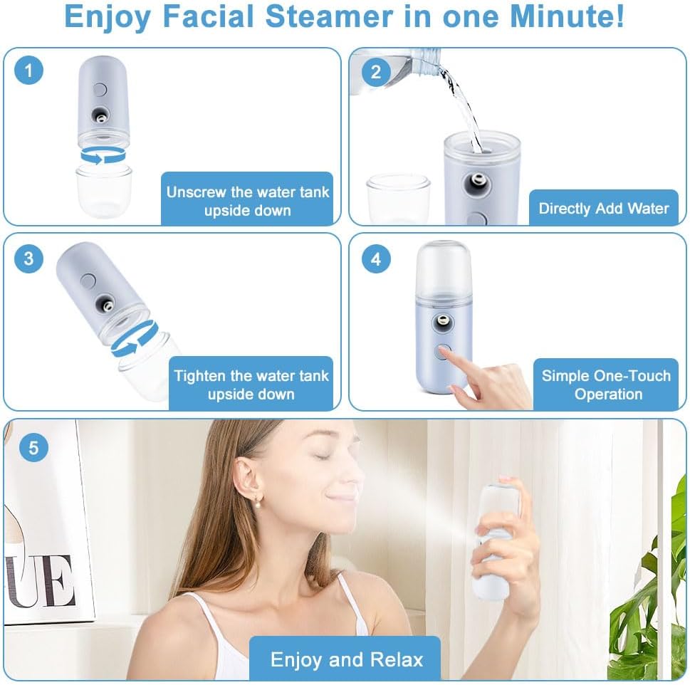 2PCS Portable Nano Face Mister, Abnaok Facial Steamer, USB Rechargeable Cool Mist Sprayer, 30ml Visual Water Tank, Nano Mister for Eyelash Extensions, Facial Deep Cleaning, Makeup