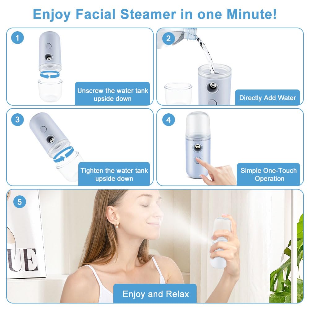 2PCS Portable Nano Face Mister, Abnaok Facial Steamer, USB Rechargeable Cool Mist Sprayer, 30ml Visual Water Tank, Nano Mister for Eyelash Extensions, Facial Deep Cleaning, Makeup