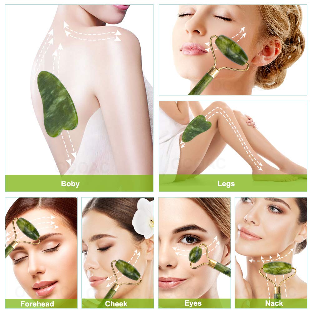 fuvooi Jade Gua Sha Facial Massager Set - 5 in 1 Skin Care Tools with Roller and Massager