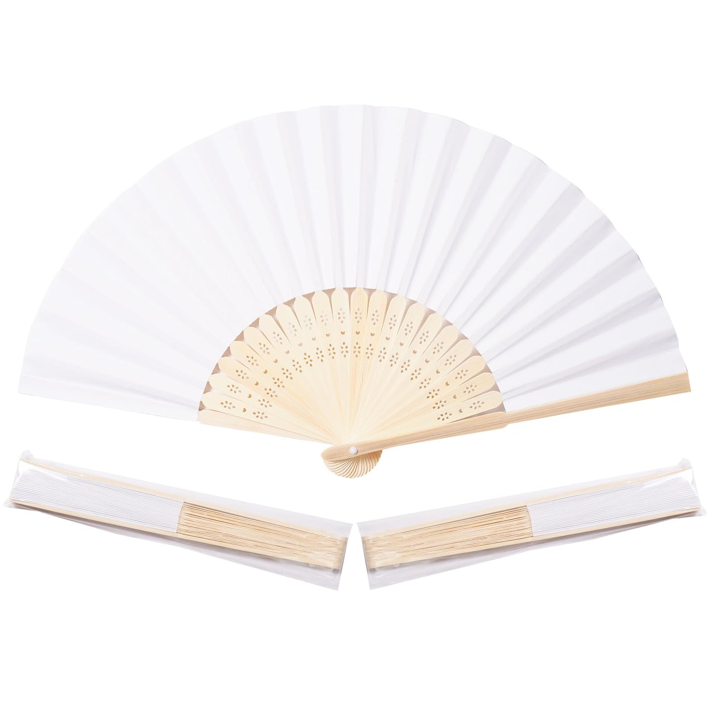 Sepwedd 50pcs White Paper Hand Fan Bamboo Folding,Handheld Paper Folded for Wedding Party and Home Decoration