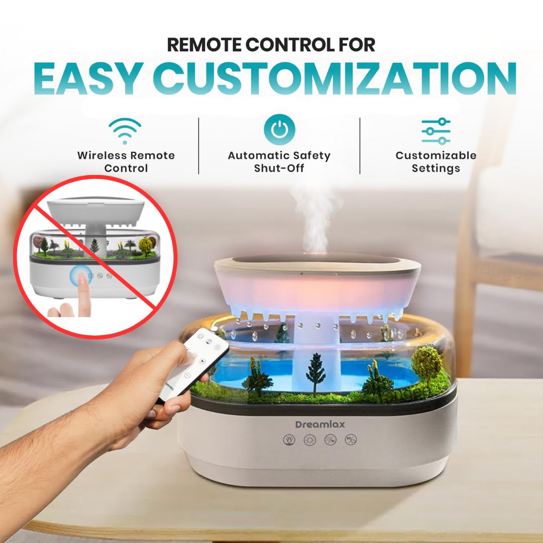 Dreamlax Rain Humidifiers for Bedroom – Cool Mist Essential Oil Diffuser, White Noise Machine with 10 Nature Sounds, 7 LED Lights, Remote Control & Decorative Raindrop Lamp