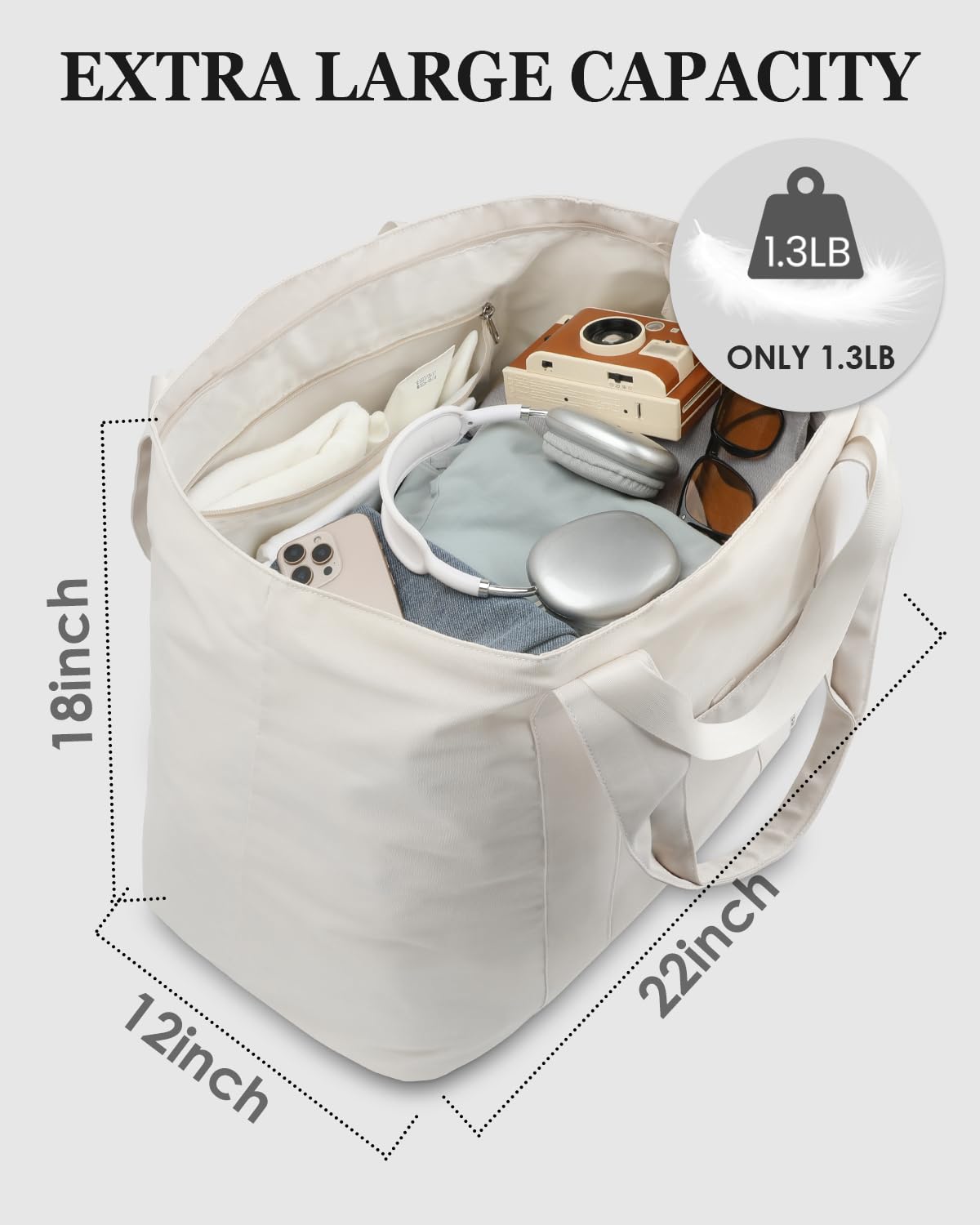 ROSECER Extra Large Tote Bag for Women, Foldable Beach Bag with Wet Pocket, Waterproof Weekender Overnight Bag for Travel, Gym, Hospital, Swim, Nurse, Beige